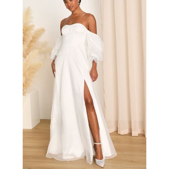 Lulu's Elegant White Off-Shoulder Wedding Dress - Picture 2 of 9